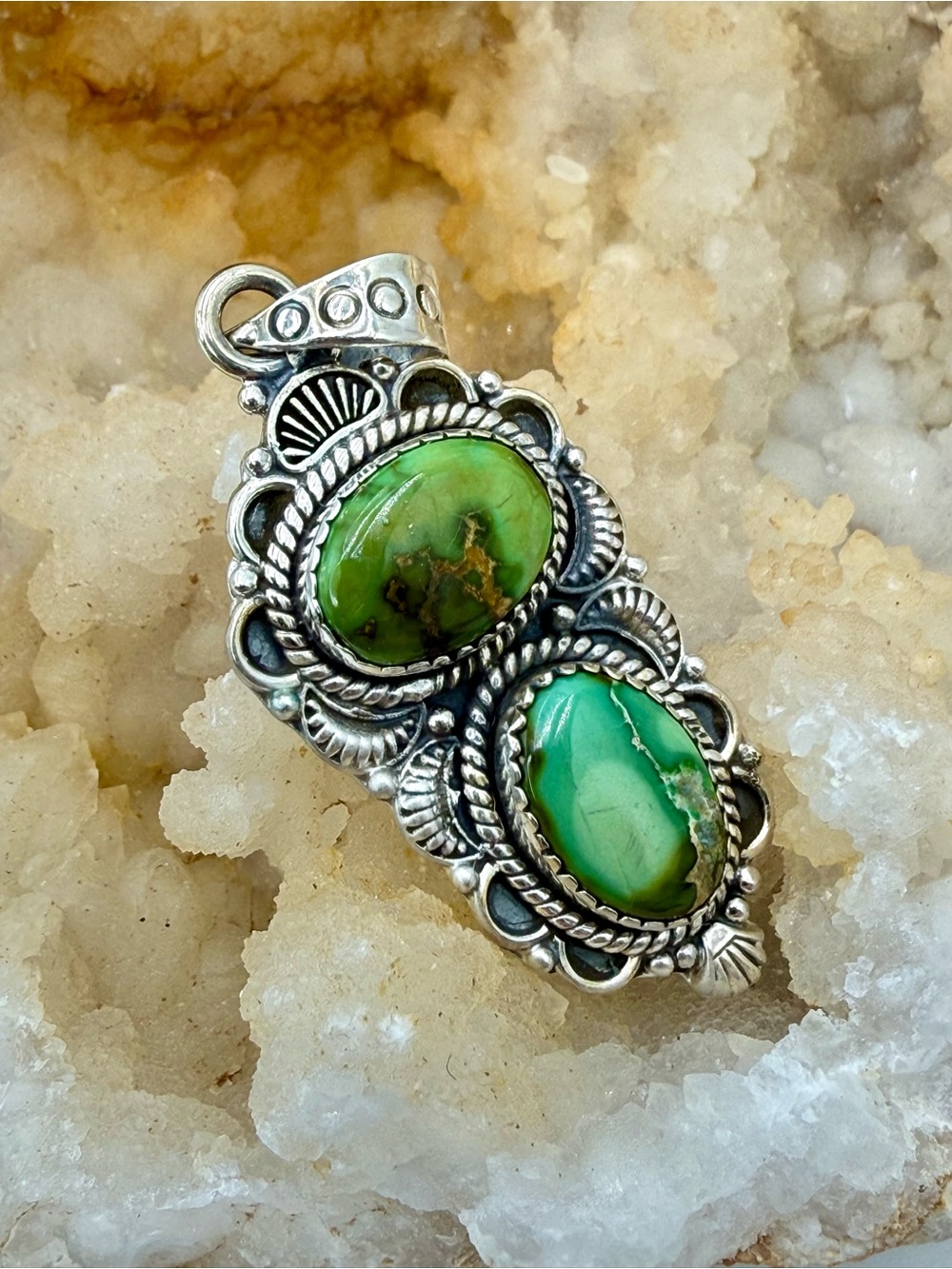 Sterling Silver Double Green Turquoise Southwestern Pendant 2.5” Native American - Picture 11 of 15